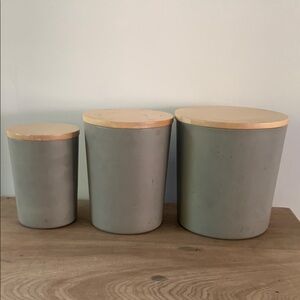 3 Danish Modern Style Canisters  Teak Wood Lids Gray Speckled Melamine Threshold